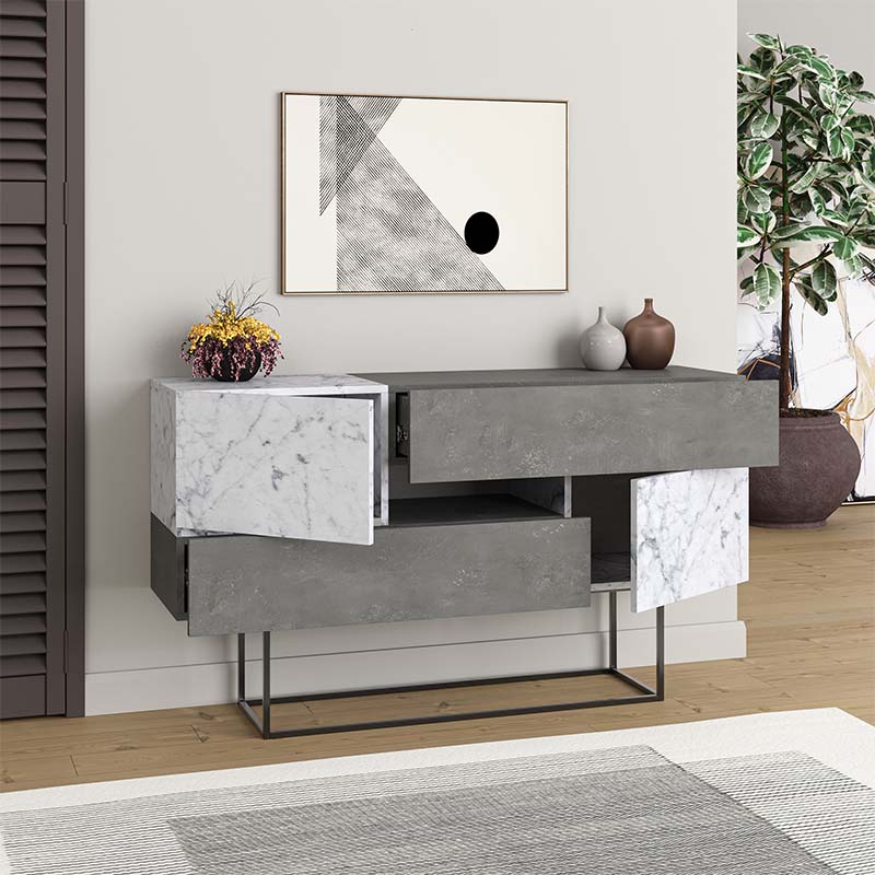 Buffet MIRACLE Retro Grey - White Marble Effect 145x40x82cm