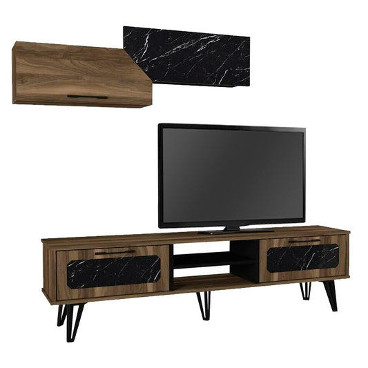 TV Furniture Set CHANTAL Walnut - Black Marble Effect 180x35x51cm