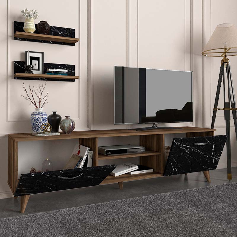 TV Stand LAMBERT Walnut - Black Marble Effect 180x40x50cm