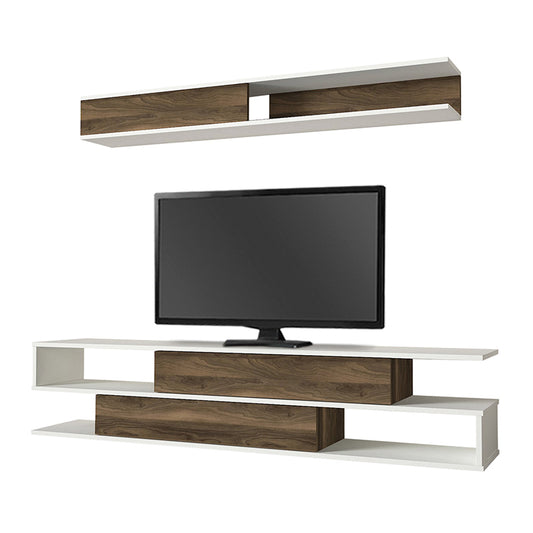 TV Stand Set KARSTEN with LED White - Walnut 180x29,5x39cm
